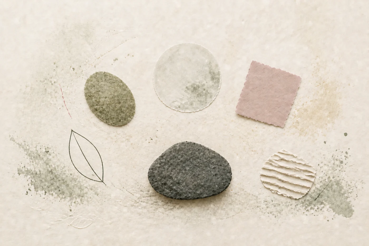 InnerWork grounding techniques for anxiety calm art: tactile paper forms surrounding a steady charcoal stone