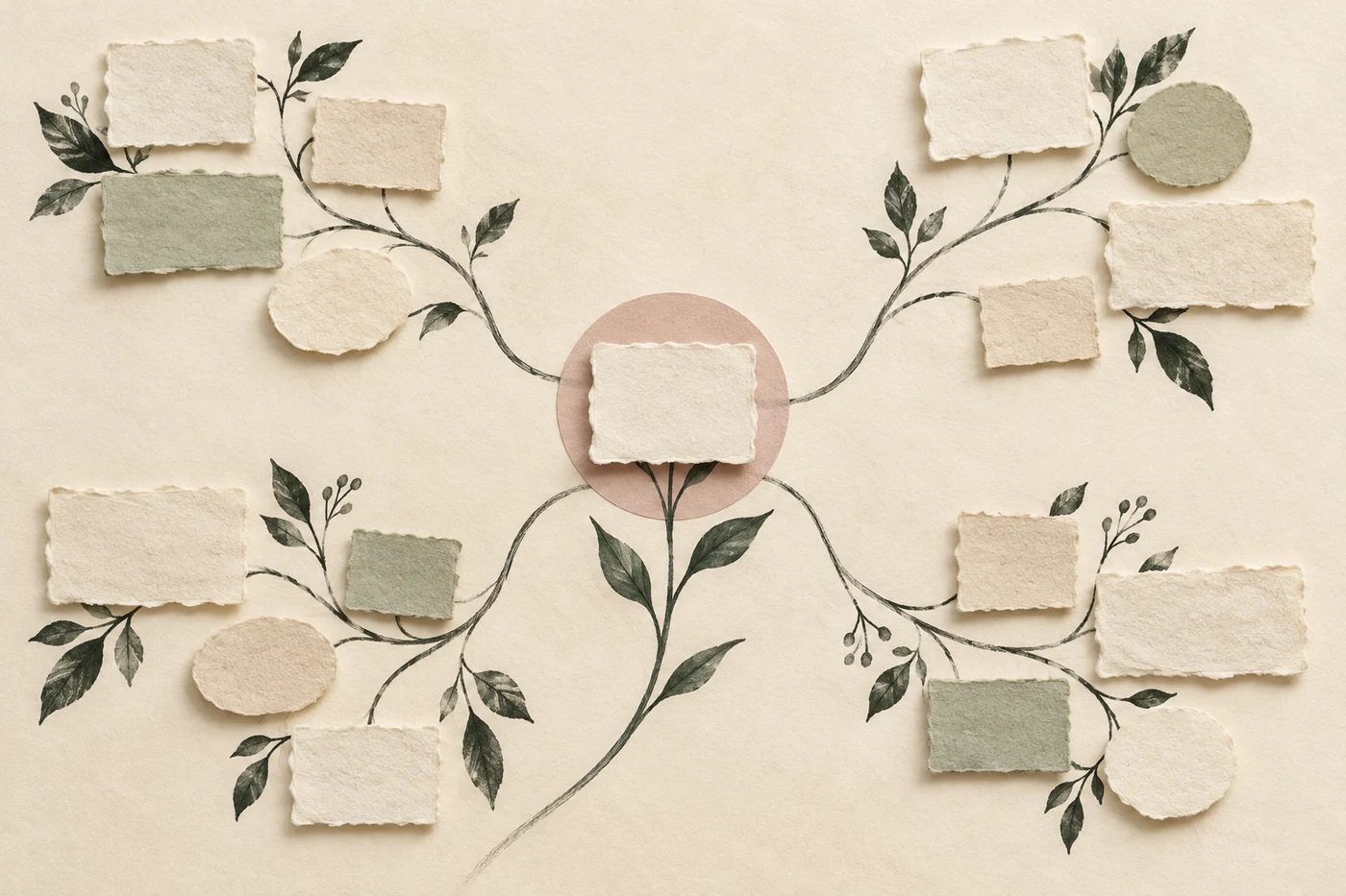 InnerWork journal prompt generator calm art with branching botanical paths, blank paper prompts, and one rosewood selection point