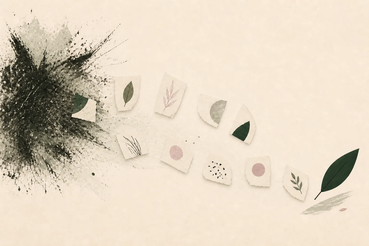 InnerWork journal prompts for anxiety calm art: torn paper forms moving from mental noise toward a green leaf