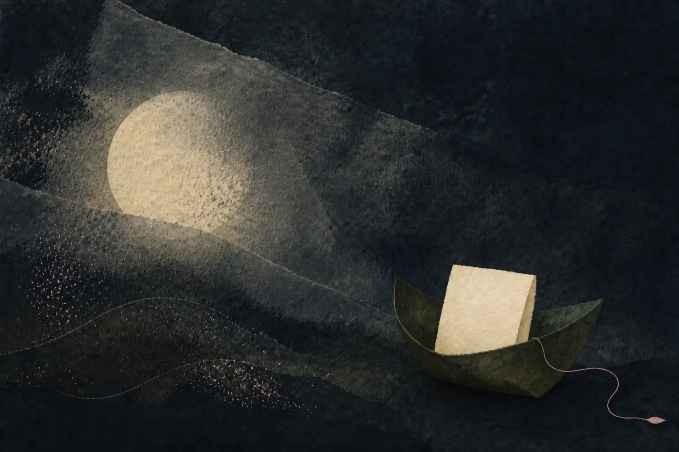 InnerWork sleep journal prompts calm art: an ivory note resting in a dark green cradle under moonlight
