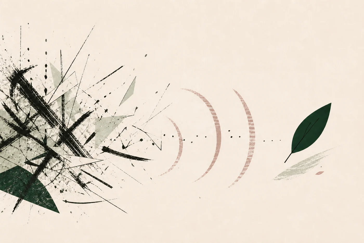 InnerWork Anxiety Journal calm art: ink marks becoming rosewood arcs and a single grounding leaf