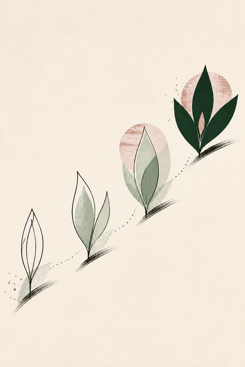 InnerWork Anxiety Journal illustration: leaf forms opening along a path to represent noticing anxiety patterns