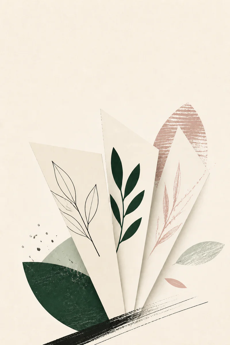 InnerWork Anxiety Journal illustration: botanical paper sheets opening to an easy guided journal prompt