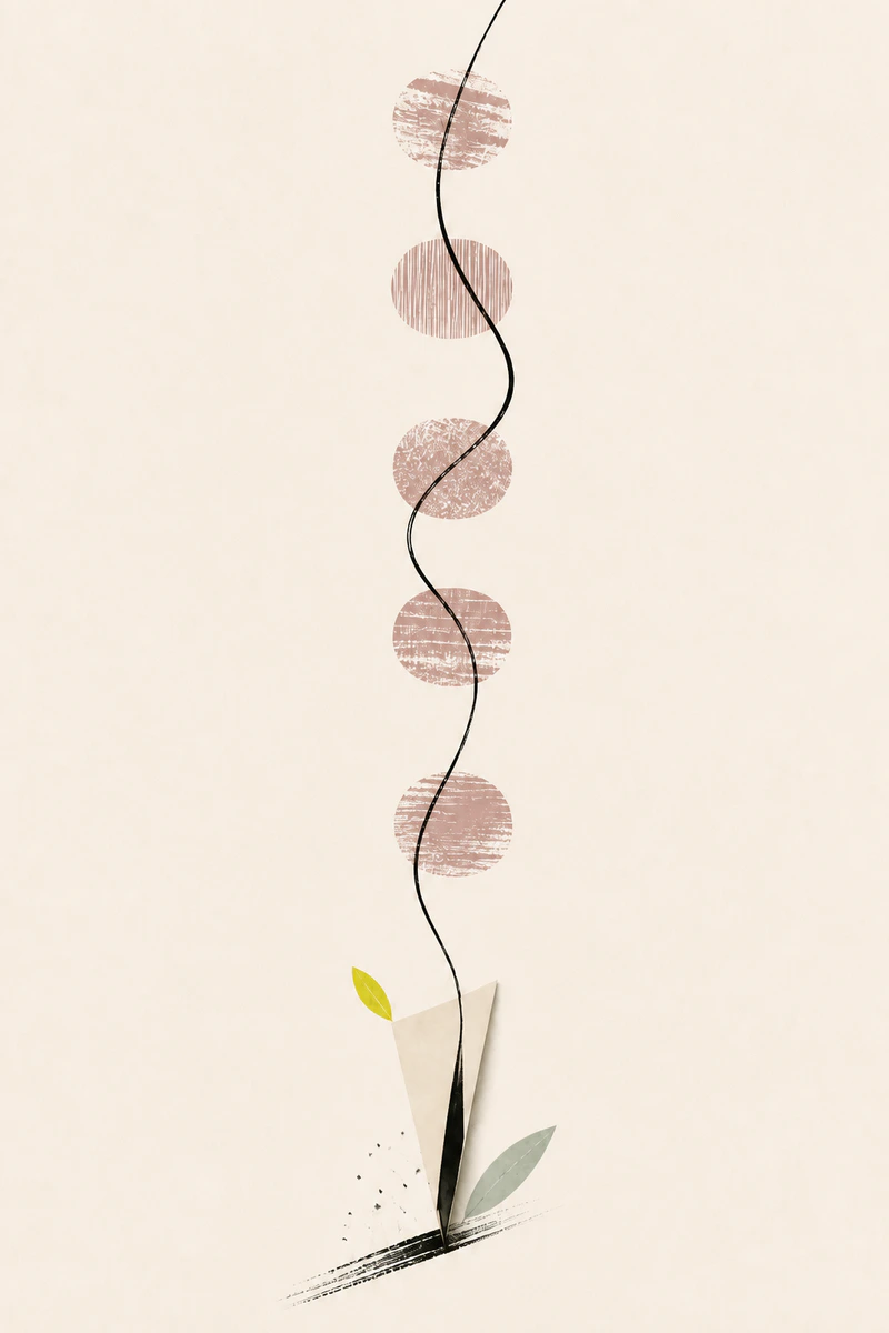 InnerWork Anxiety Journal illustration: an ink line passing through five rosewood marks for a short writing practice