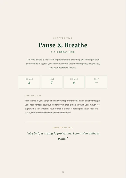 InnerWork Anxiety Journal 4-7-8 breathing exercise worksheet for calming anxious moments