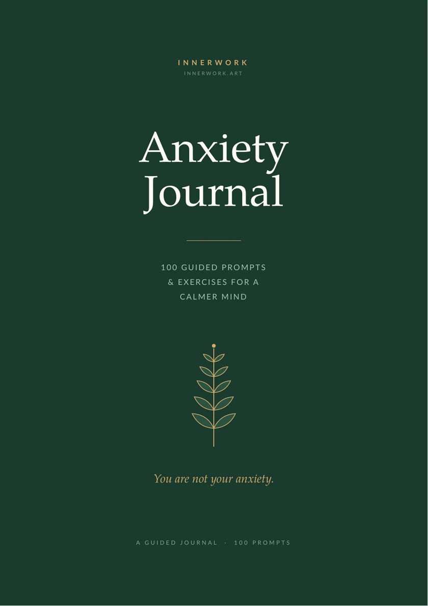 InnerWork Anxiety Journal guided workbook cover with 100 prompts and exercises for a calmer mind